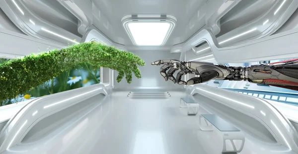 Green eco technology conceptual design, arm made of grass and lush and robotic hand, 3d rende