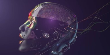 Pembe neon çizgileri olan kadın sayborg yüz, fütürist robotik sanat, 3D çizim
