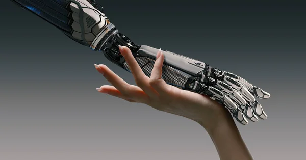 Kvinna Arm Försiktigt Röra Robot Hand Artificiell Intelligens Augmented Reality — Stockfoto