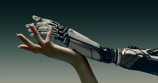 Kobieta Ramię Delikatnie Dotykając Robotów Ręka Sztuczna Inteligencja Rozszerzony Rzeczywistość — Zdjęcie stockowe