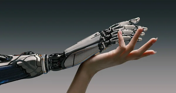 Braço Mulher Tocando Suavemente Mão Robô Inteligência Artificial Aumentada Realidade — Fotografia de Stock