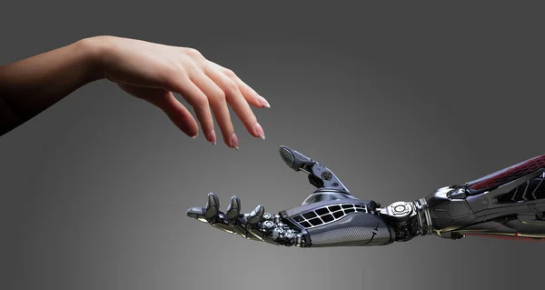 Woman and robot hands collaboration friendship conceptual design