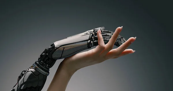 Mujer Brazo Suavemente Tocar Mano Robot Inteligencia Artificial Realidad Aumentada —  Fotos de Stock