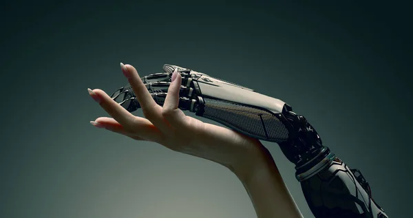Рука Жінки Ніжно Торкається Руки Робота Штучний Інтелект Доповненої Реальності — стокове фото