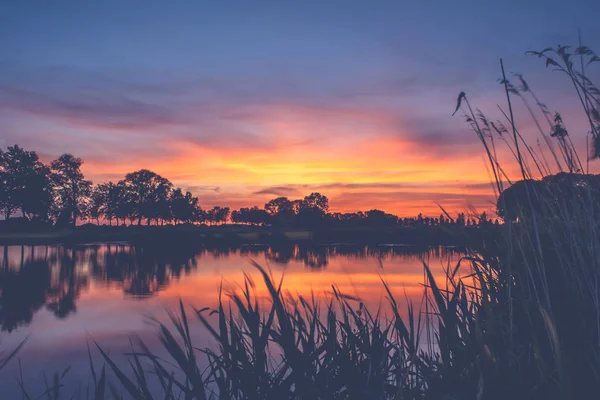 Hermosa puesta de sol en un paisaje típico holandés — Foto de Stock