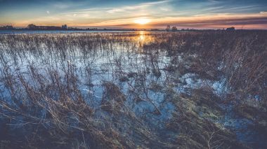 Taşkın Ovası ve gökyüzü günbatımı üzerinde arka plan ile peyzaj