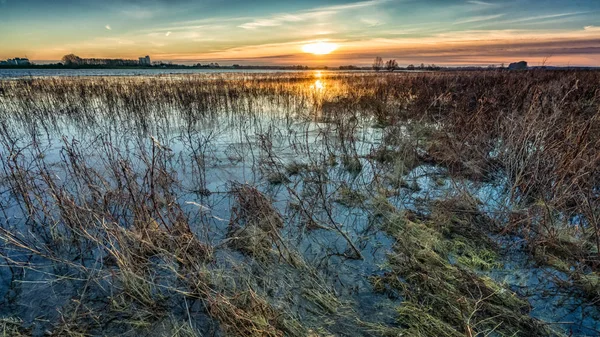 Taşkın Ovası ve gökyüzü günbatımı üzerinde arka plan ile peyzaj
