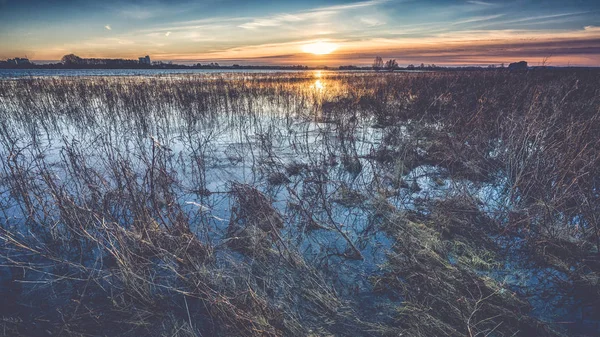 Taşkın Ovası ve gökyüzü günbatımı üzerinde arka plan ile peyzaj