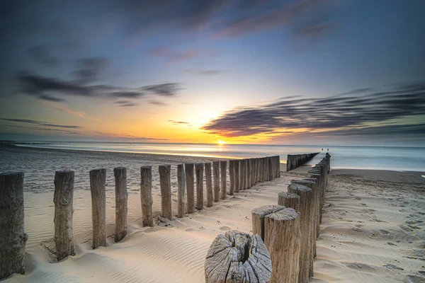 Pole heads or wave-breakers close-up disappearing in North Sea in Holland with sunset background of the sea and cloudy sky