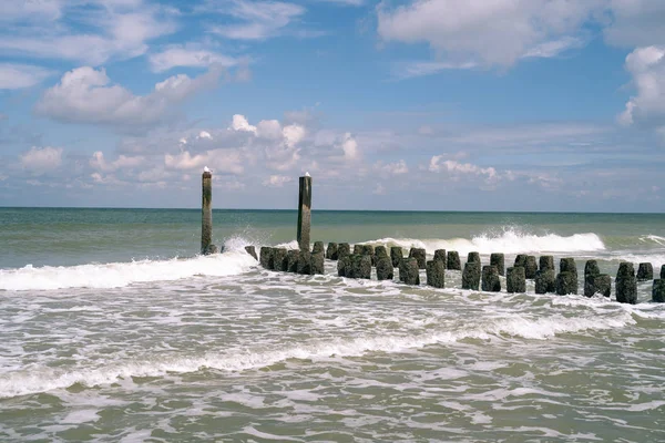 Splashing waves of the North Sea on the wooden breakwaters of th — 스톡 사진