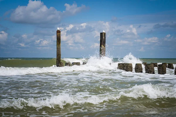 Splashing waves of the North Sea on the wooden breakwaters of th — 스톡 사진