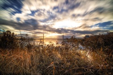 Hollanda nehir manzarasında bir trafik köprüsü görüntüsü