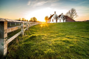 Hollanda manzaralı tarihi evler kırsal kesimde beyaz çitli eğimli bir yol boyunca Groningen, Hollanda, Avrupa