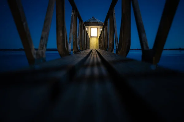 Porto Torre Luz Náutica Histórica Durante Anoitecer Sob Céu Estrelado — Fotografia de Stock