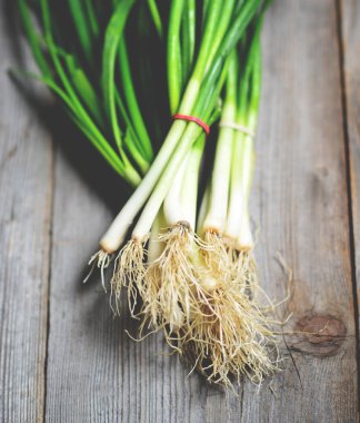 Ahşap arka plan üzerinde taze soğan