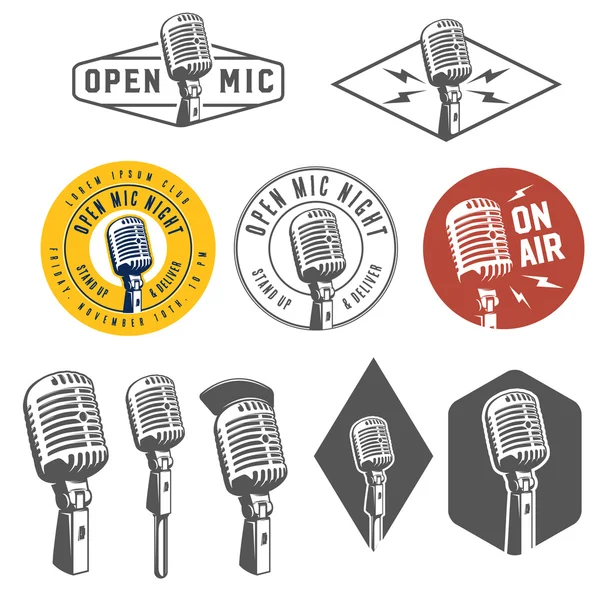 Set of vintage retro microphone emblems, labels and design elements — Stock Vector
