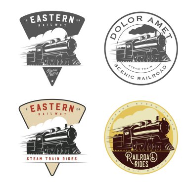 Vintage retro demiryolu buhar tren logolar, amblemler, etiketleri ve rozetleri kümesi
