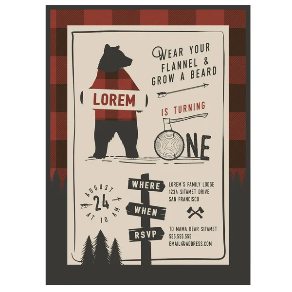 Vintage kleine Lumberjack partij uitnodiging ontwerpsjabloon. Trendy Lumberjack patroon opgenomen — Stockvector