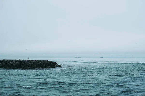 Pessoa Solitária Superfície Rochosa Costa Oceano Atlântico Islândia — Fotografia de Stock