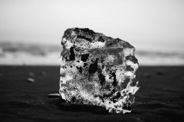 İzlanda 'da Atlantik Okyanusu' na karşı kara kumsalda uzanan kara toprakla kaplı bir buzul parçası.