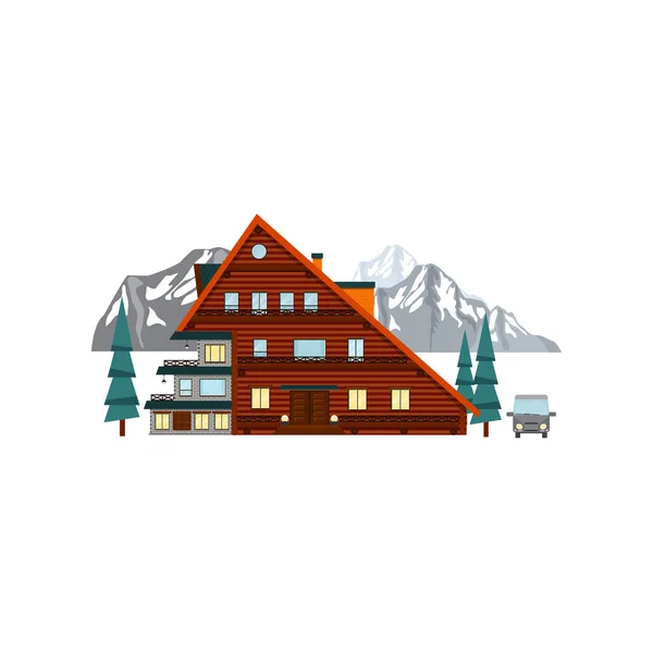 Maison en bois hôtel dans les montagnes. Vecteur — Image vectorielle