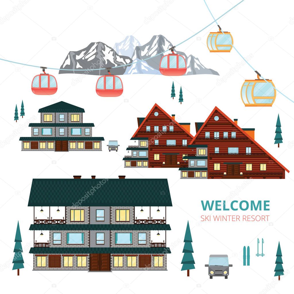 Ski Winter Resort .Wooden houses village .Vector Mountain Landsc