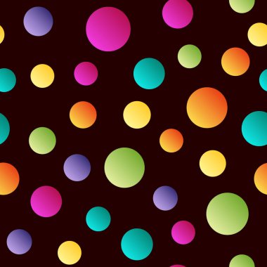 Koyu arka plan üzerinde sorunsuz parlak polka noktalı desene. Vektör 