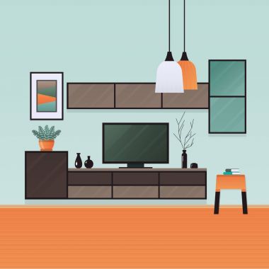 Oturma odası iç. Düz stil mobilya. Vektör illustra