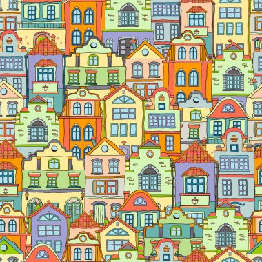 Doodles'ın renkli İskandinav evleri ile Seamless modeli. Arka plan renkli vektör .