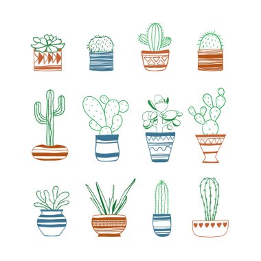 Renkli kontür kaktüsler kümesi. Vektör
