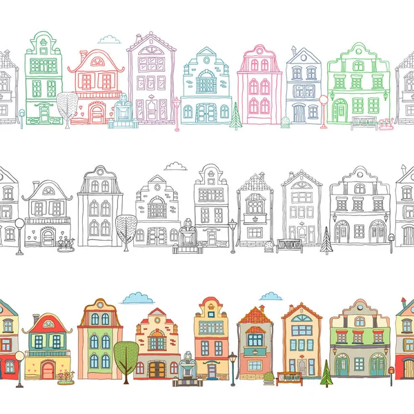 Seamless border pattern with cute houses . Vector doodles — Stock Vector