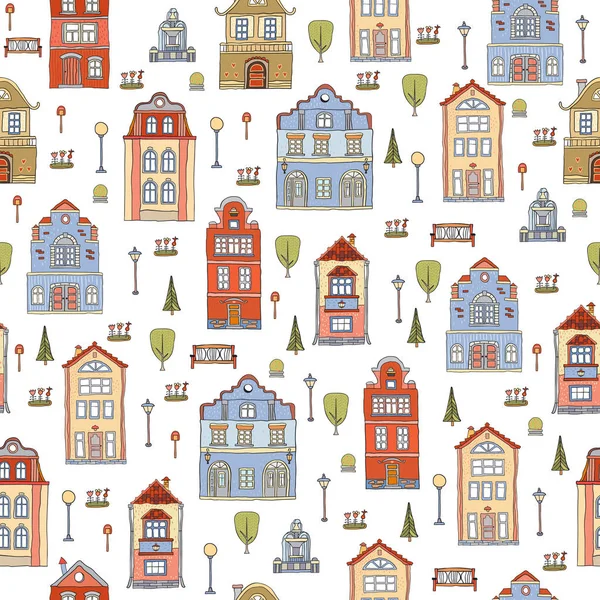 Modèle sans couture avec de petites maisons de ville. vecteur mignon décoratif — Image vectorielle