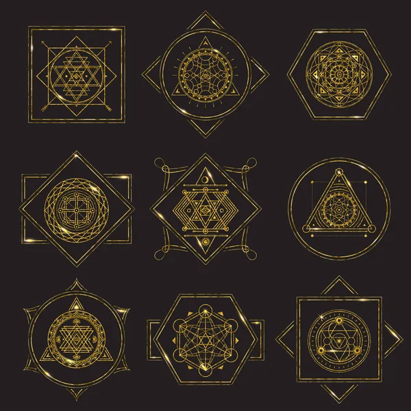 Sacred Geometry Forms golden frame on black background with metal highlights — Stock Vector