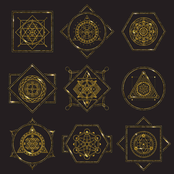 Sacred Geometry Forms golden frame on black background with metal highlights