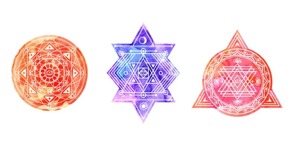 Set of bright colored sacred shapes . Watercolor background is c — Stock Vector