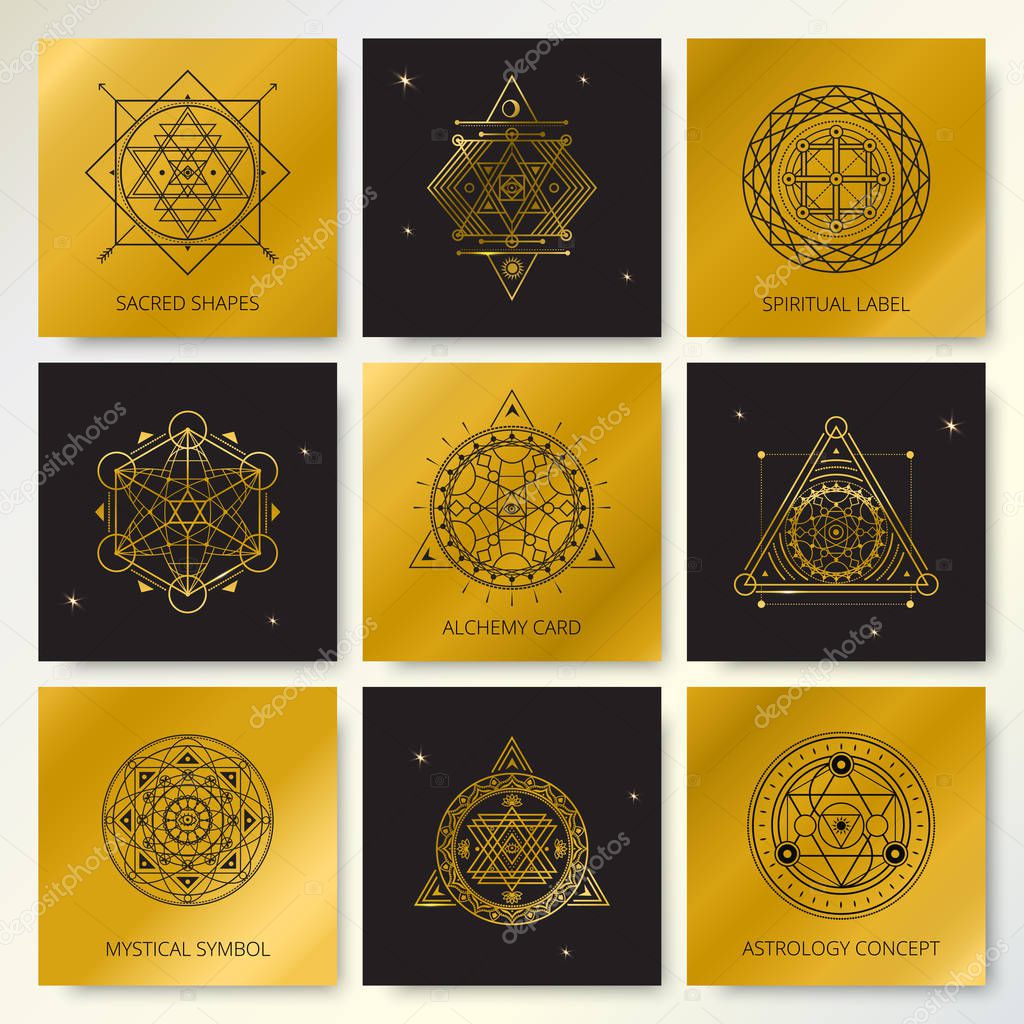 Set of golden and black cards with mystical line symbols .