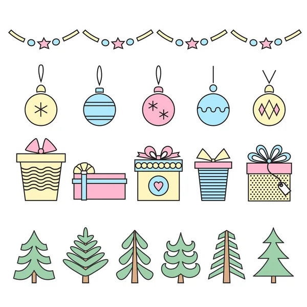 Linienkunst-Weihnachtssymbole. Bäume, Kugeln, Schneeflocken und Geschenke auf Weiß. Vektor . — Stockvektor