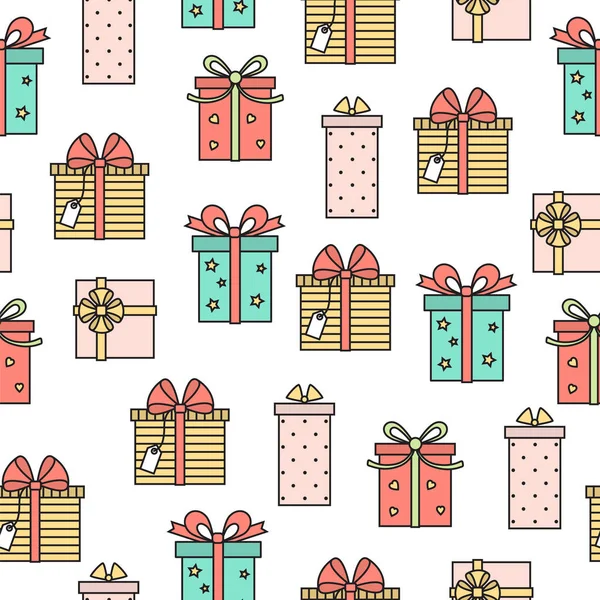 Seamless pattern with cute gifts . Vector line art background . — Stock Vector