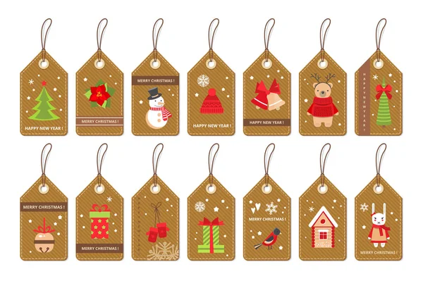 Set von Weihnachtsetiketten aus Papier mit flachen Feiertagselementen — Stockvektor