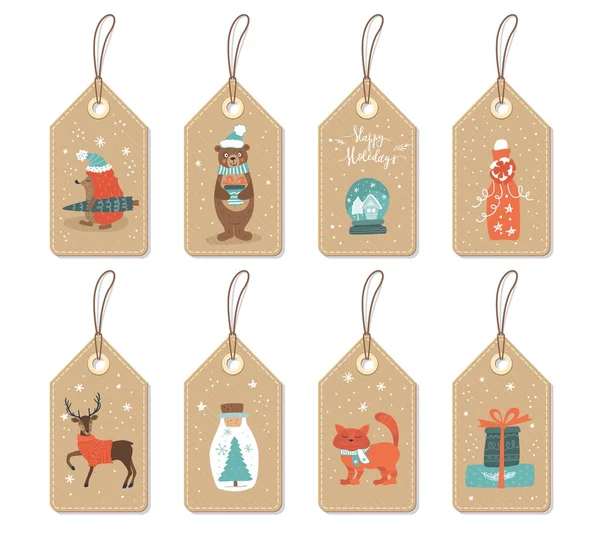 Tags with cute Christmas animals and things.Vector set . — Stock Vector