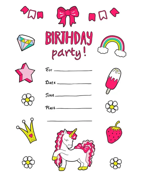 Girl's uitnodiging voor feest met leuke stickers. Vector . — Stockvector