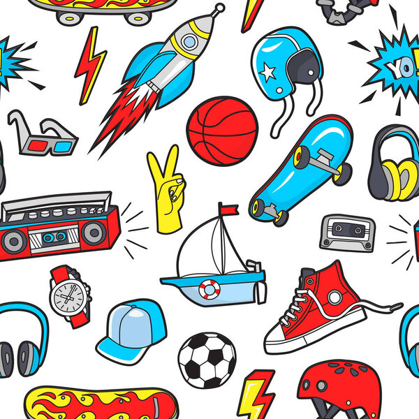 Vector seamless pattern with patches for boys interests on whit