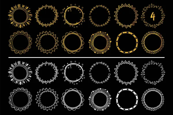 Sammlung goldener und weißer handgezeichneter Rundrahmen. Vektorsatz 4 — Stockvektor