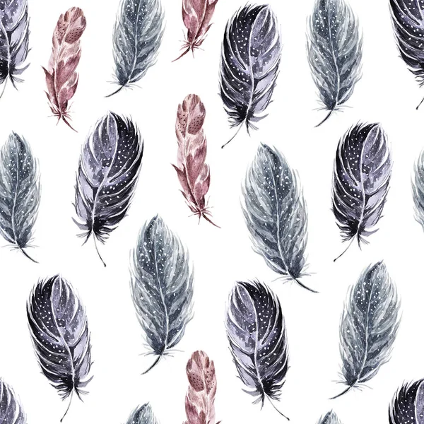Akvarell seamless mönster med fjädrar. — Stockfoto