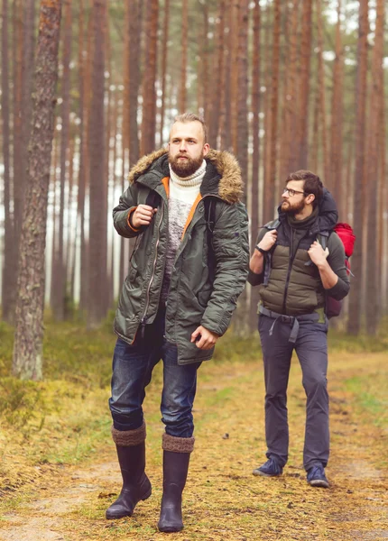 Fiatal férfiak erdő túrázás — Stock Fotó