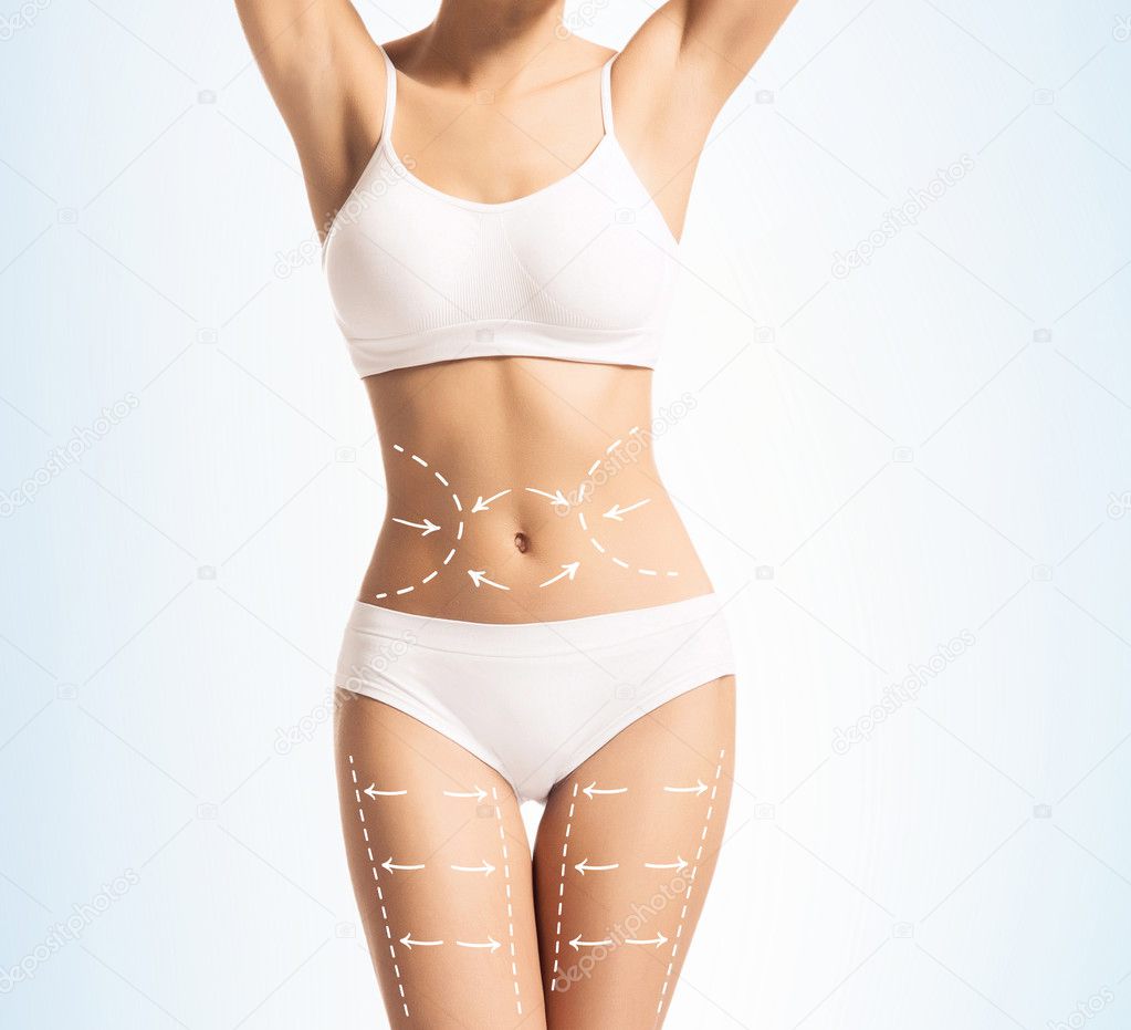 Woman body in swimwear with white arrows