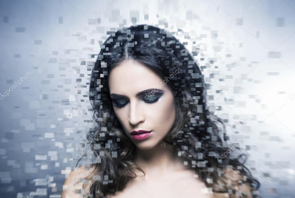 Beautiful woman with digital pixels mosaic 