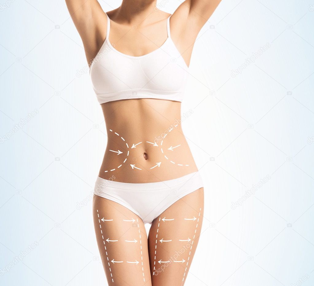 Woman body in swimwear with white arrows