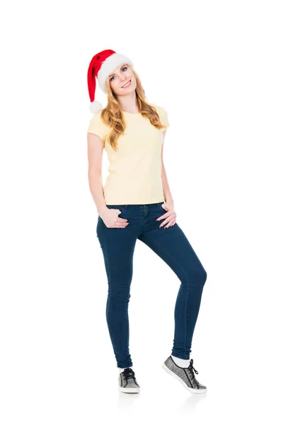 Молода жінка в червоному капелюсі Санта — стокове фото