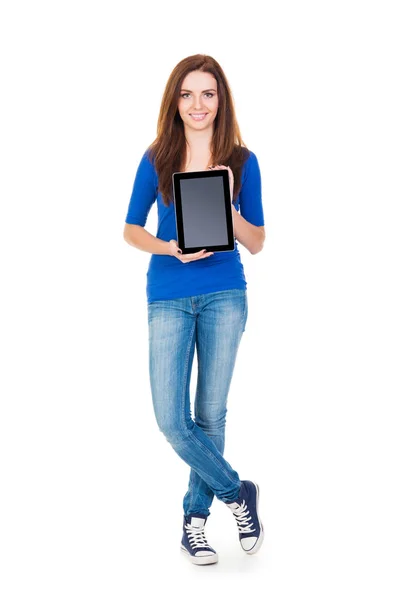 Schöne Frau im blauen T-Shirt — Stockfoto